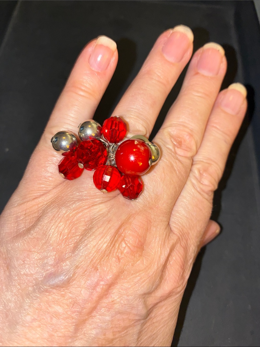 Red Cluster Statement Stretch Ring. Movement